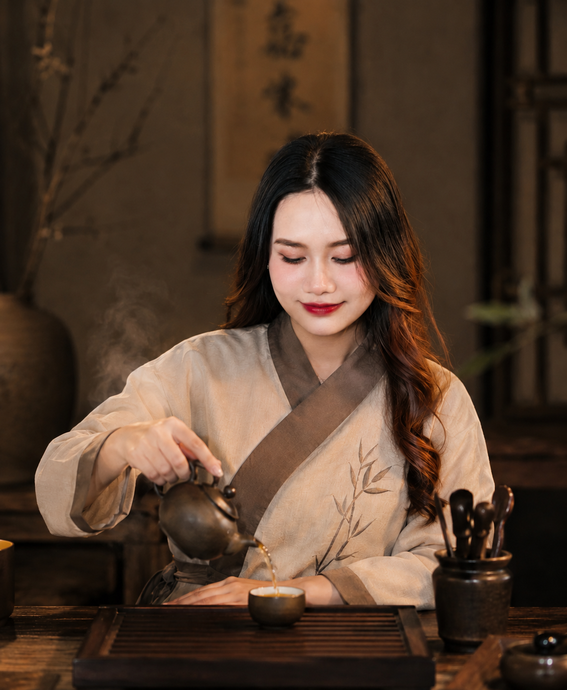Người pha trà trong không gian tĩnh lặng